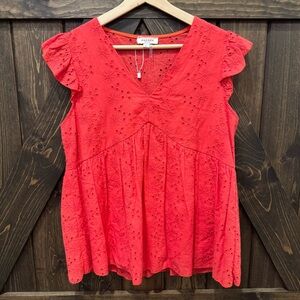 Andree by Unit Coral Red Pink Eyelet babydoll Women's ruffle sleeveless blouse